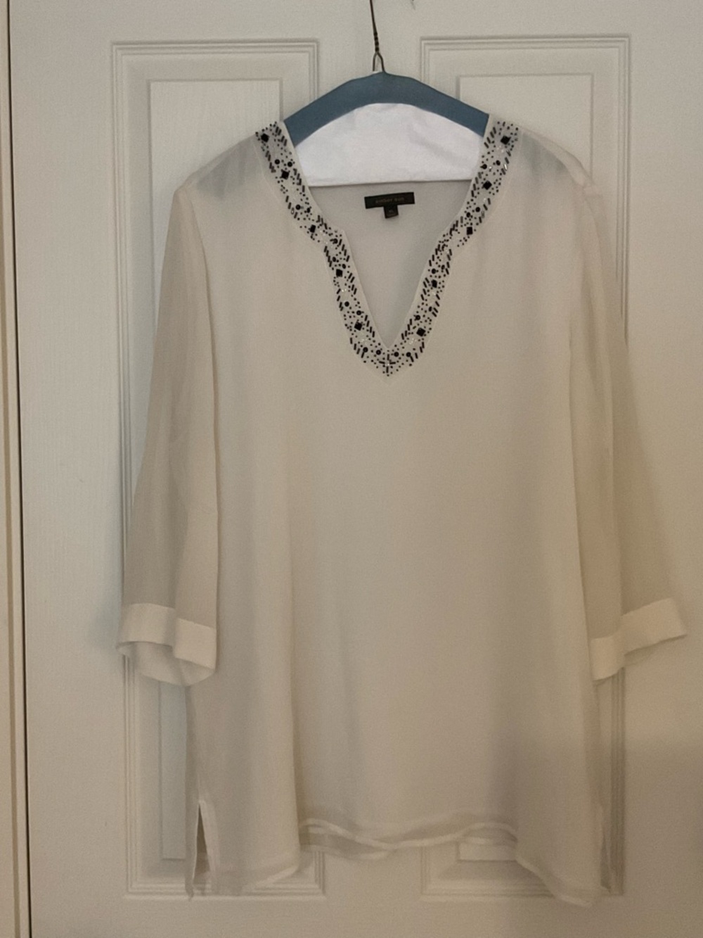 Ivory V-Neck Tunic with Embroidered Trim